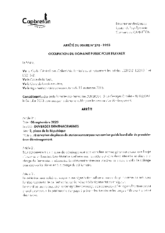 N°276-2023 ARRETE DUVERGER DEMENAGEMENTS- 2 place de la République - le 06 septembre 2023