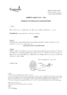 N°159-2026 ARRETE Fermeture terrains complexe sportif pour travaux annuels du 6 avril au 3 mai